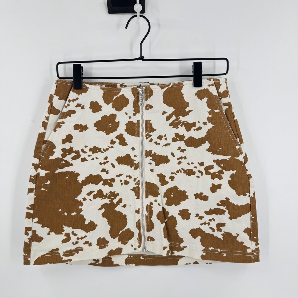 Obey Cow Print Mini Skirt Zip Front High Waist Stretch Size S Coastal Cowgirl